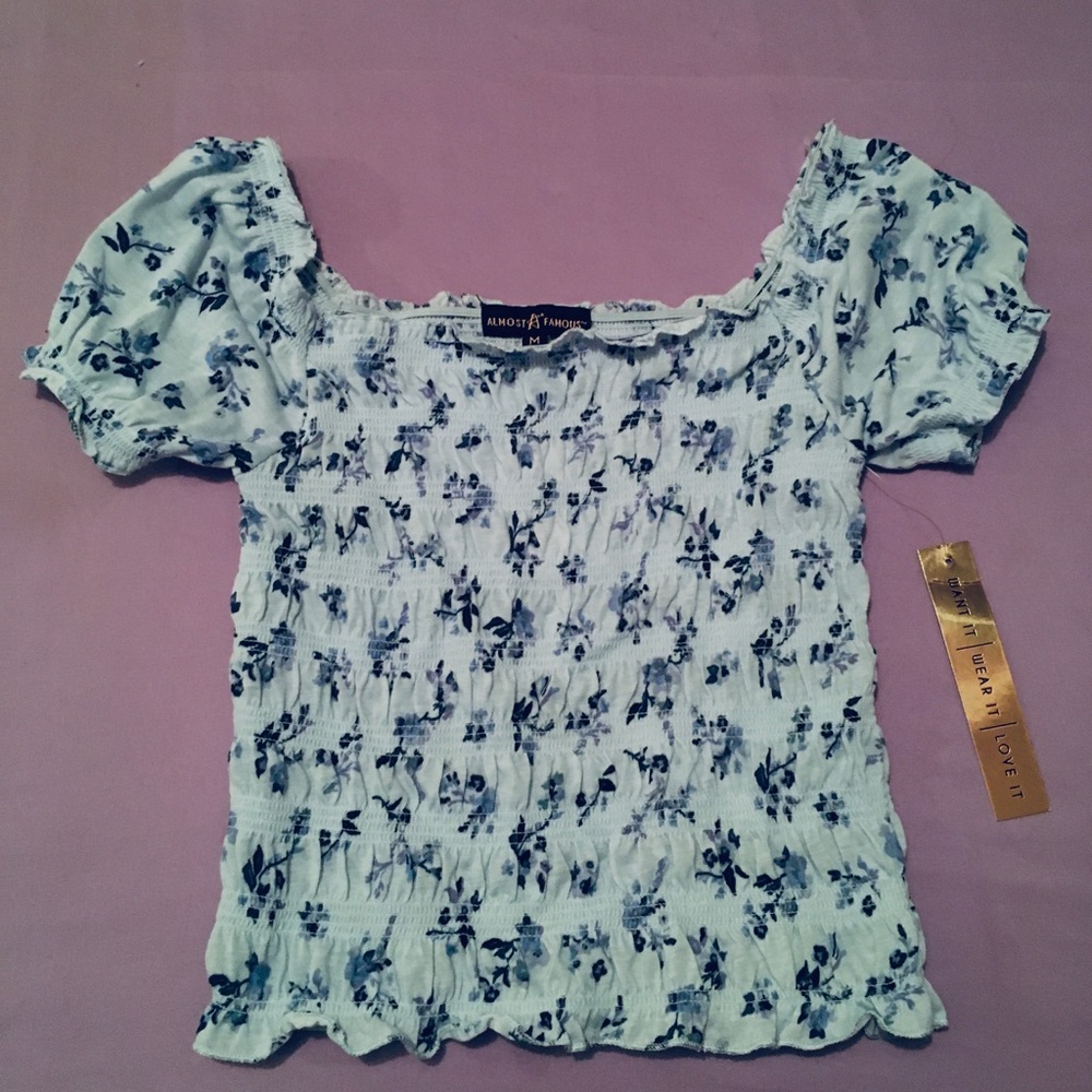 Women’s/Juniors Flower Print Smock Puff Sleeve Top